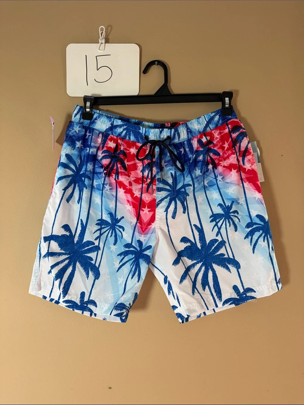 Men's Tropical Palm-Print Swim Trunks in Blue & Red